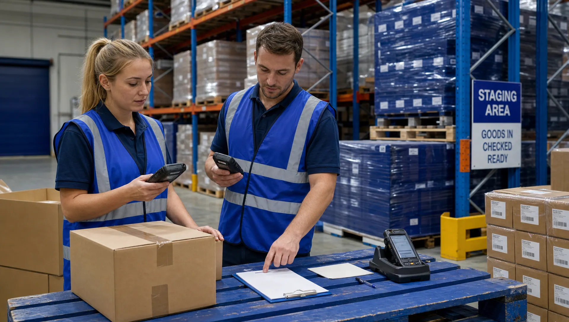 Two warehouse staff check stock at a staging area with pallets, cartons, scanners and blank paperwork.