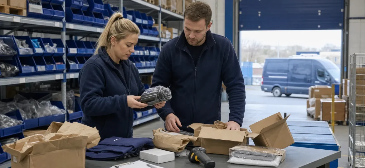 Two warehouse staff inspect returned parcels at a sorting table in a UK logistics warehouse.