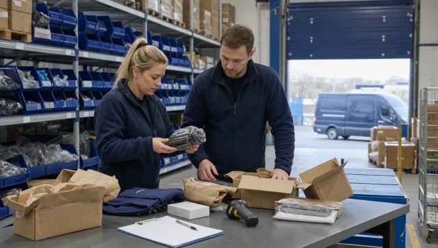 Two warehouse staff inspect returned parcels at a sorting table in a UK logistics warehouse.