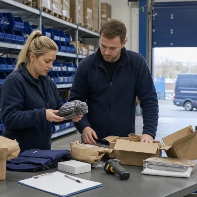 Two warehouse staff inspect returned parcels at a sorting table in a UK logistics warehouse.