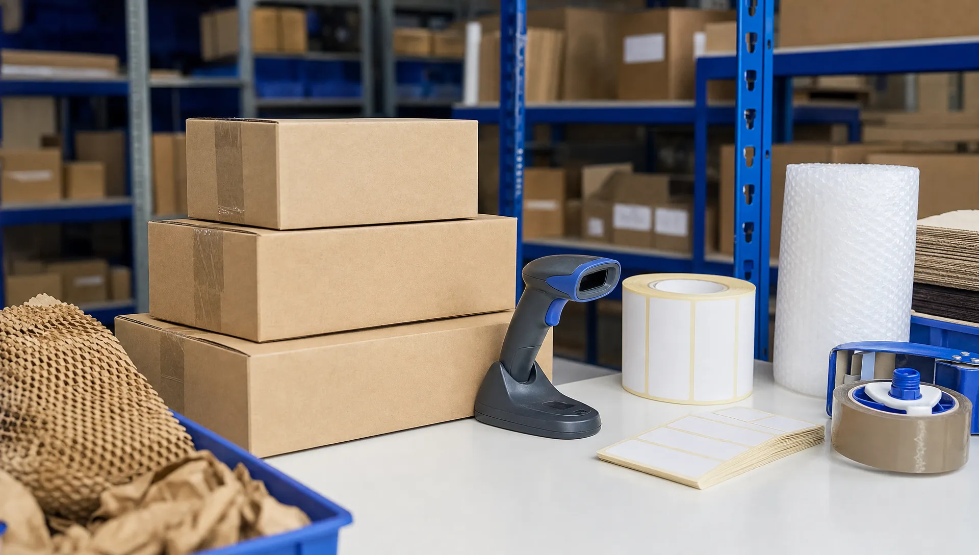 Unbranded cardboard parcels and a handheld scanner sit on a clean warehouse packing bench beside blank labels and packing materials.