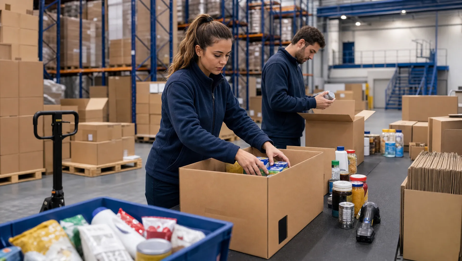 Fulfilment for FMCG Brands 1 Unbranded warehouse operatives in plain workwear preparing mixed FMCG orders at a packing bench inside a clean warehouse, with plain cartons, pallets, handheld scanners and mixed case goods visible but no readable text or logos anywhere.