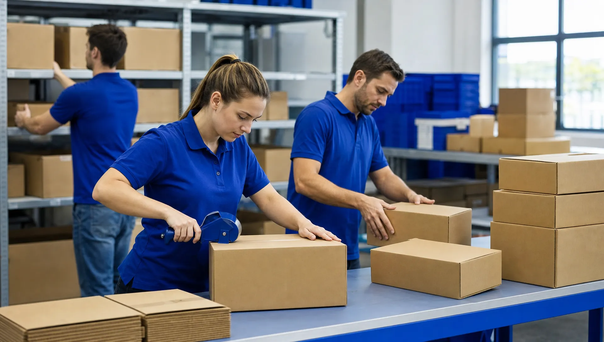 How to Handle Fulfilment for Pre-Orders and Waitlisted Products 1 Unbranded warehouse staff organising plain cartons on packing benches for pre-order dispatch.