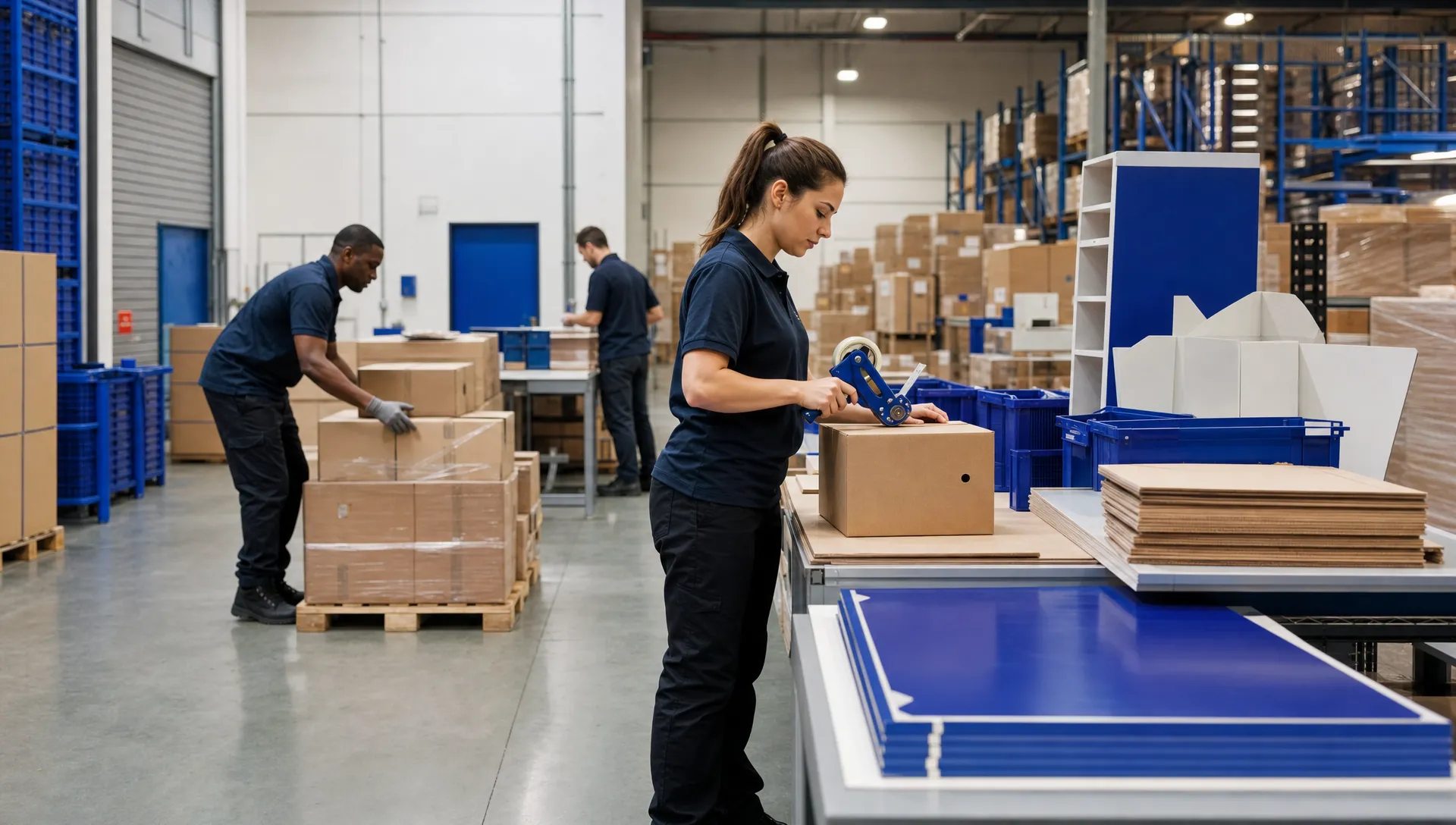 Unbranded warehouse staff prepare pallets, parcels and retail display materials in a clean logistics warehouse with no visible logos or readable text.