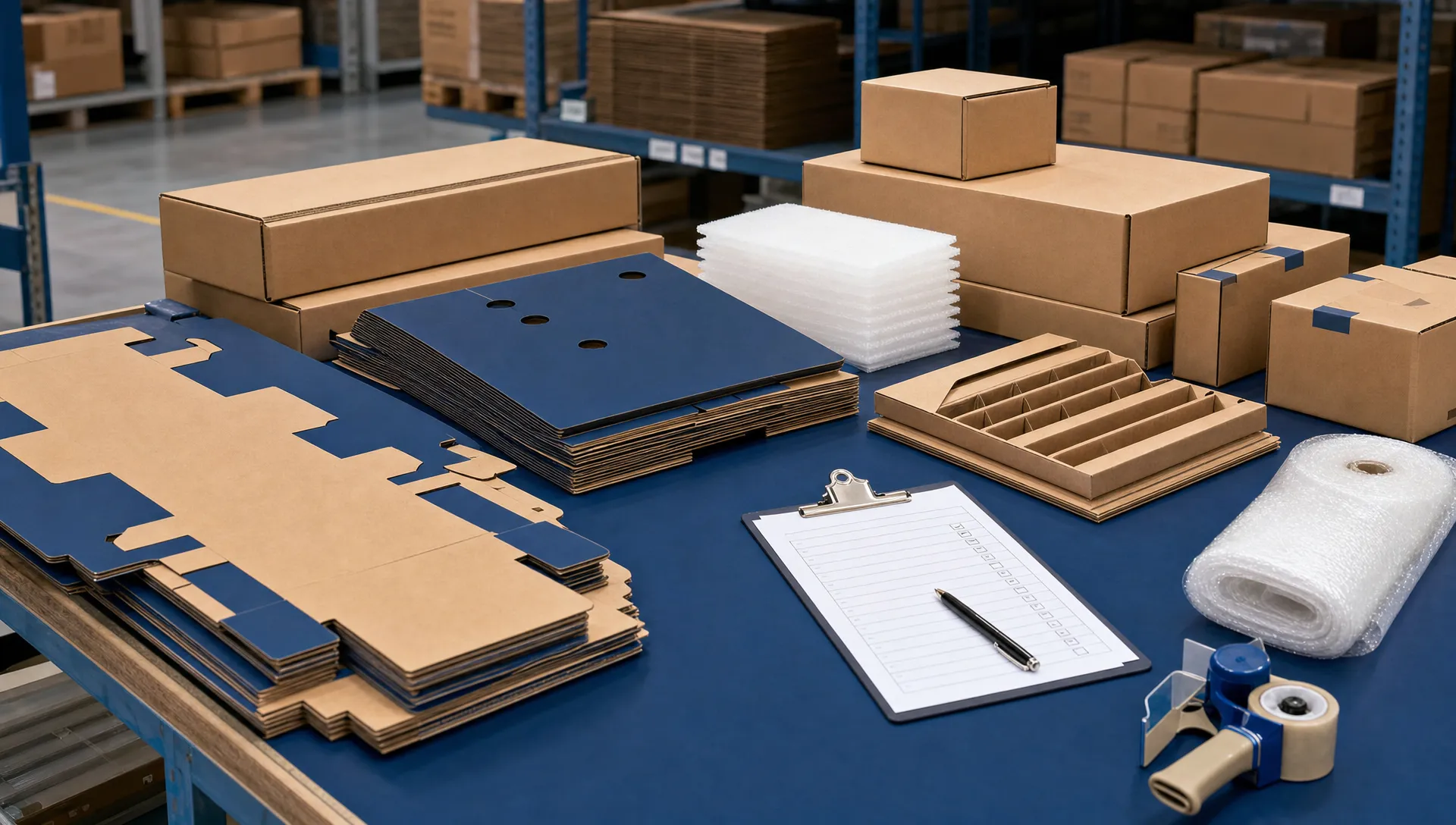 Unbranded warehouse workspace with flat-packed cardboard retail display components, plain product cartons, protective packing materials and a quality checklist sheet with no readable text, laid out on a packing bench for final inspection before dispatch.