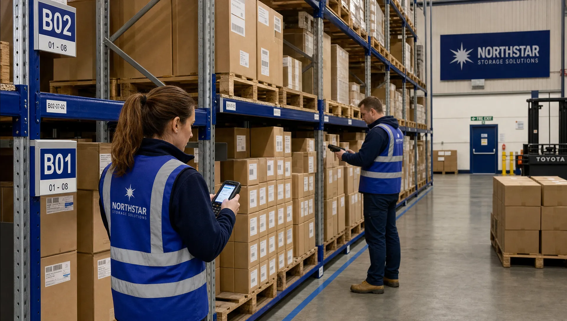 How to Reduce Stockouts During Busy Periods 1 Warehouse shelves with neatly organised pallets and plain cartons as staff check stock with handheld devices in a UK storage area.
