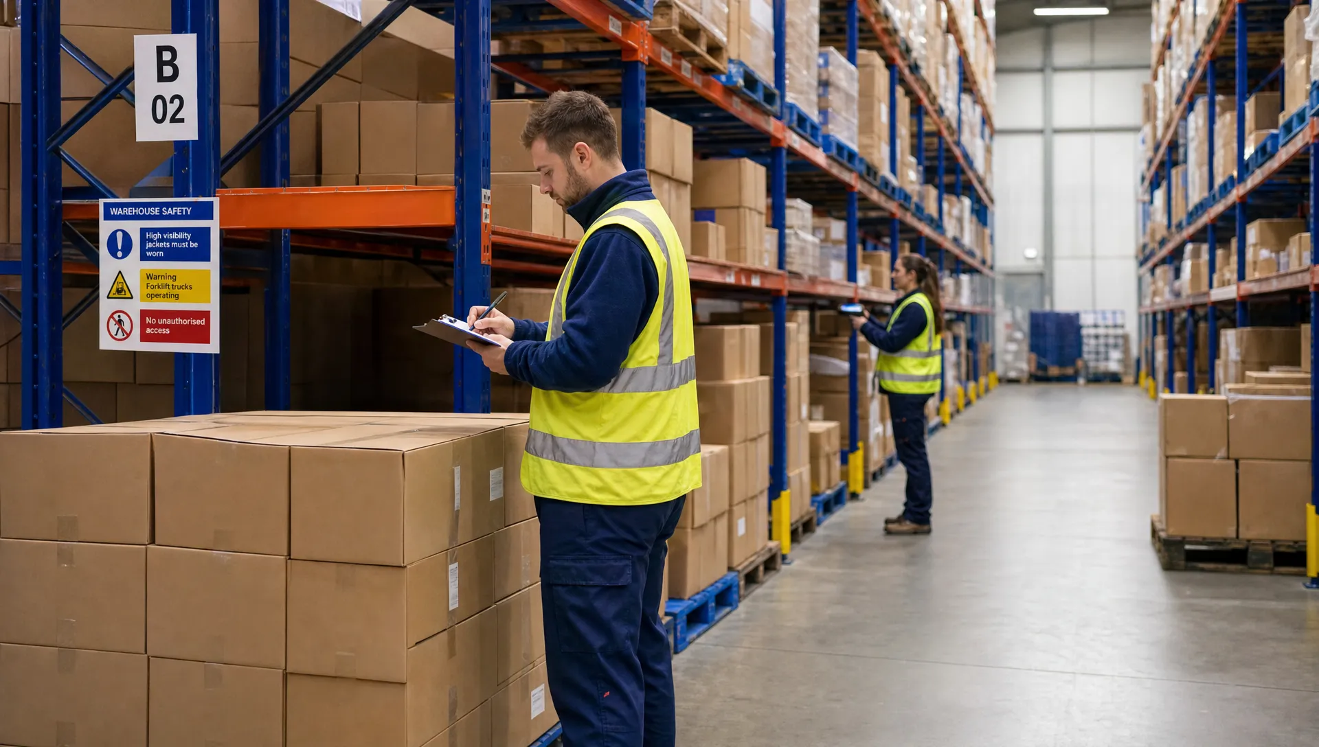 How to Avoid Overselling When Stock Runs Low 1 Warehouse staff check plain boxes and pallets in UK racking while the stock count is being verified.