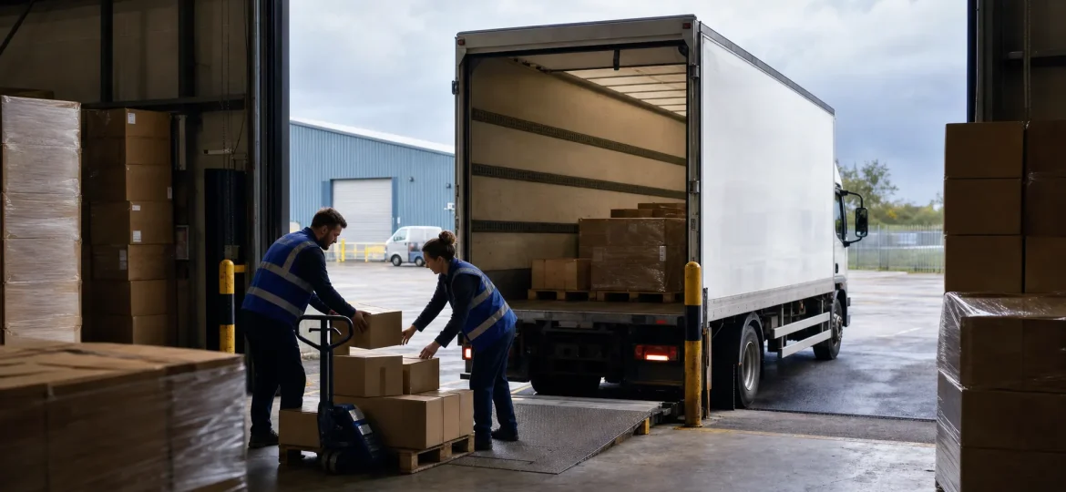 Warehouse staff load cartons for collection beside a right-hand drive rigid vehicle at a UK loading bay.