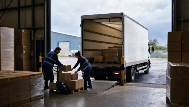 Warehouse staff load cartons for collection beside a right-hand drive rigid vehicle at a UK loading bay.