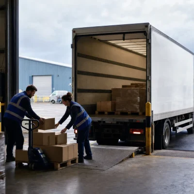 Warehouse staff load cartons for collection beside a right-hand drive rigid vehicle at a UK loading bay.