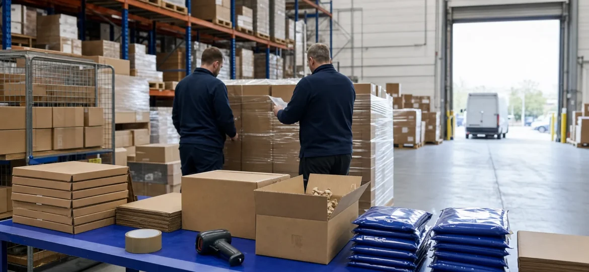 Warehouse staff prepare stock for a flash sale beside plain cartons and pallet racking in a UK fulfilment site.