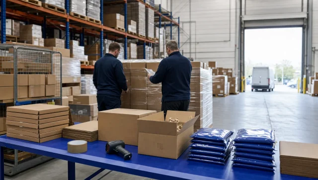 Warehouse staff prepare stock for a flash sale beside plain cartons and pallet racking in a UK fulfilment site.