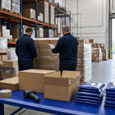 Warehouse staff prepare stock for a flash sale beside plain cartons and pallet racking in a UK fulfilment site.