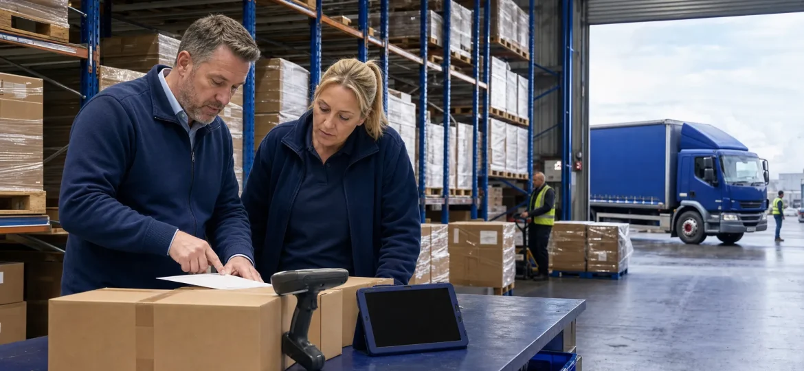 Warehouse staff review stock levels beside cartons and scanners in a UK logistics hub during a busy trading period.