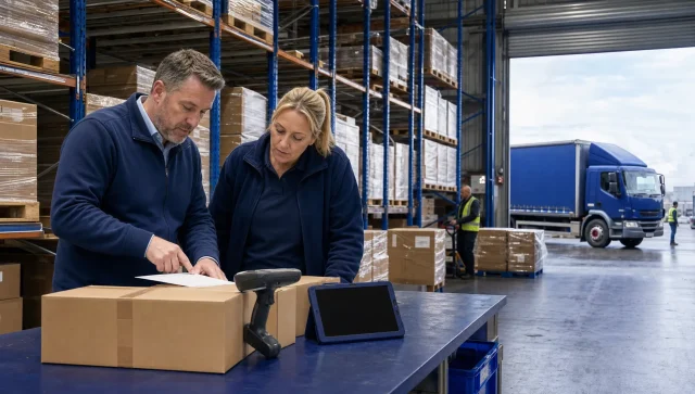 Warehouse staff review stock levels beside cartons and scanners in a UK logistics hub during a busy trading period.