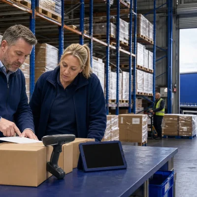 Warehouse staff review stock levels beside cartons and scanners in a UK logistics hub during a busy trading period.