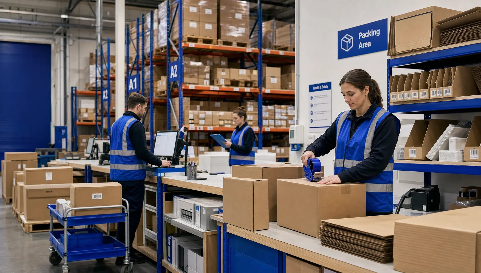 Red Flags to Watch for When Choosing a New 3PL 1 A clean UK warehouse packing area with plain boxes, pallets and shelving as workers check stock and prepare parcels.