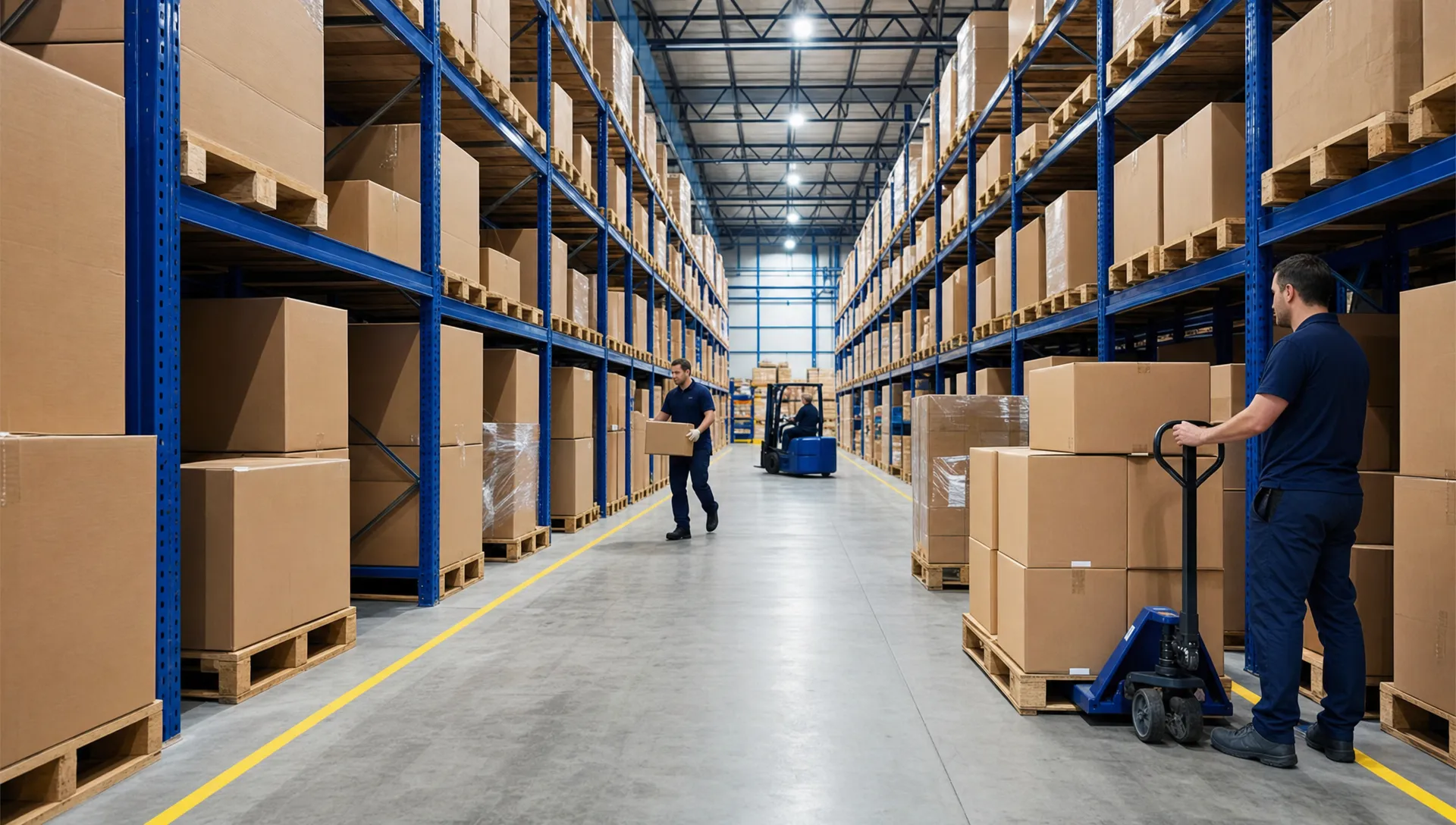 Why North West Manufacturers Are Outsourcing B2B Fulfilment to a Cheshire 3PL 1 A clean warehouse aisle with plain pallets and sealed cartons ready for business deliveries, with staff in unbranded workwear moving stock.