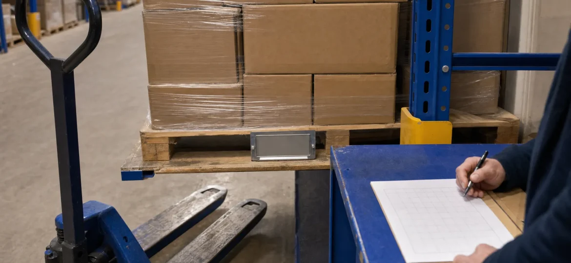 A pallet location in a UK warehouse shows plain cartons, a pallet truck and a blank planning sheet used for reorder point checks.