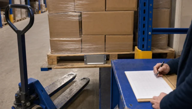 A pallet location in a UK warehouse shows plain cartons, a pallet truck and a blank planning sheet used for reorder point checks.