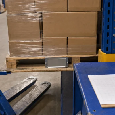 A pallet location in a UK warehouse shows plain cartons, a pallet truck and a blank planning sheet used for reorder point checks.