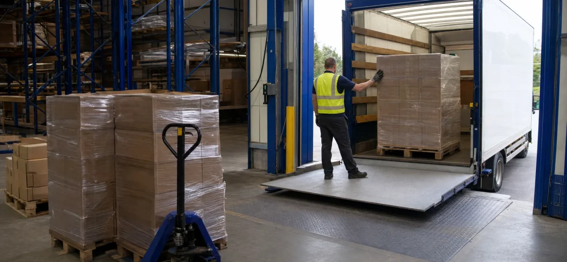 A right-hand drive rigid is loaded from a UK warehouse staging lane with wrapped pallets and plain cartons for wholesale delivery.