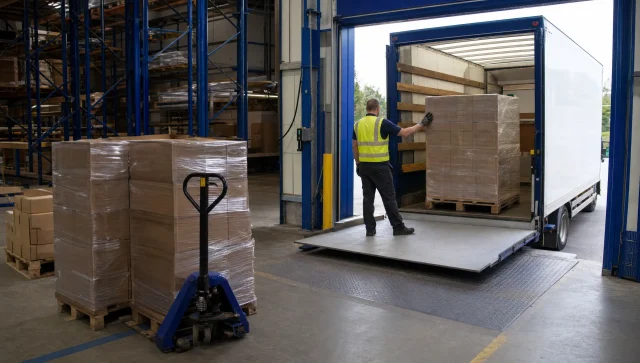 A right-hand drive rigid is loaded from a UK warehouse staging lane with wrapped pallets and plain cartons for wholesale delivery.