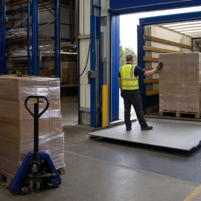 A right-hand drive rigid is loaded from a UK warehouse staging lane with wrapped pallets and plain cartons for wholesale delivery.
