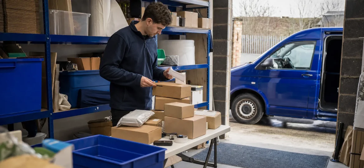 A small business checks online orders beside packed stock and a van in an everyday UK storeroom.