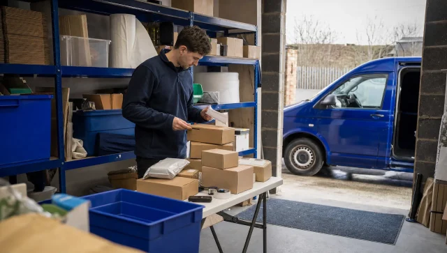 A small business checks online orders beside packed stock and a van in an everyday UK storeroom.