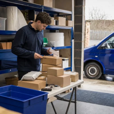 A small business checks online orders beside packed stock and a van in an everyday UK storeroom.