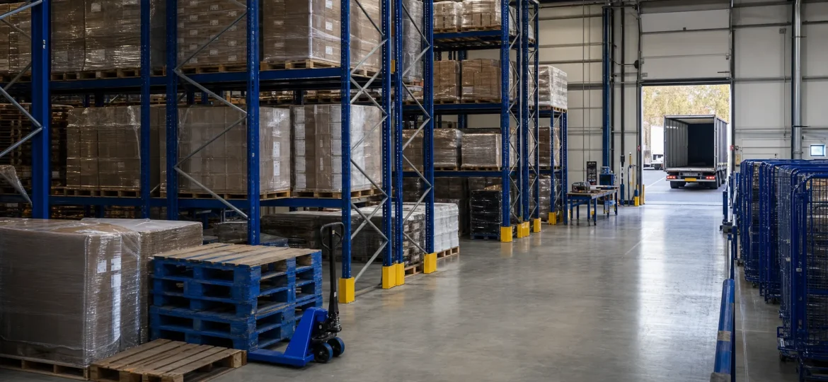 A UK logistics warehouse shows racking, wrapped pallets and a clear goods-out lane for retail deliveries.