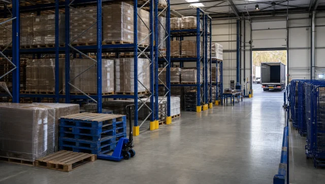 A UK logistics warehouse shows racking, wrapped pallets and a clear goods-out lane for retail deliveries.