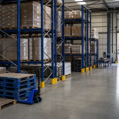 A UK logistics warehouse shows racking, wrapped pallets and a clear goods-out lane for retail deliveries.