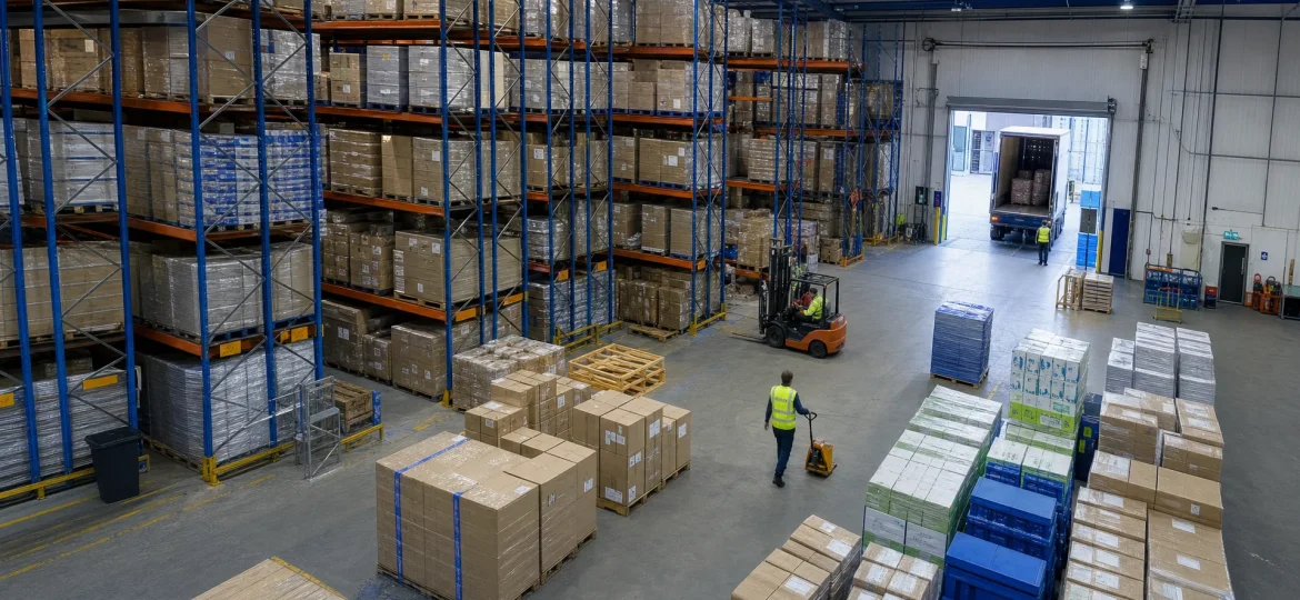 A UK storage warehouse shows racking, mixed pallets and stock held in a clear rotation layout for FIFO and FEFO.