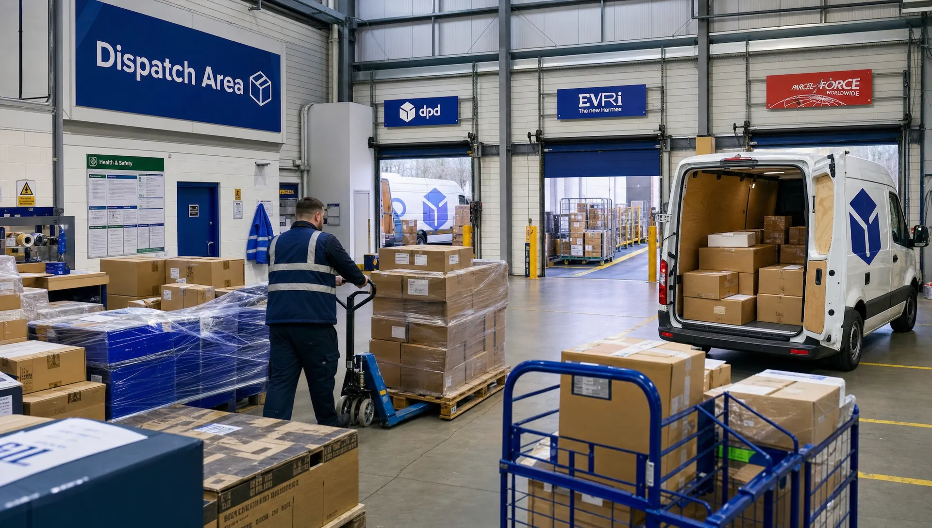 How to Choose the Right Courier Mix for Your Delivery Promise 1 A UK warehouse dispatch area shows plain parcels, palletised goods and a small delivery vehicle being loaded for different courier services.