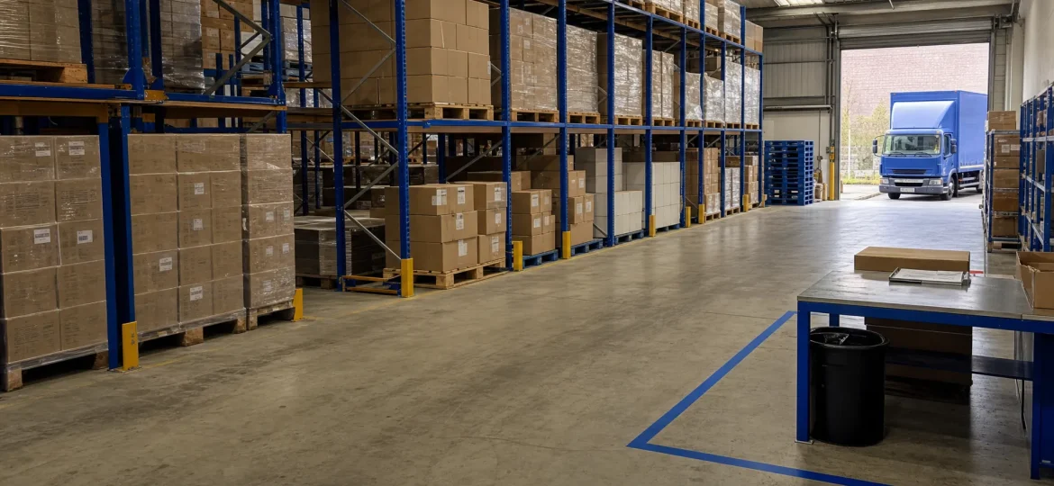 A UK warehouse shows organised stock zones for batch tracking beside a loading bay.