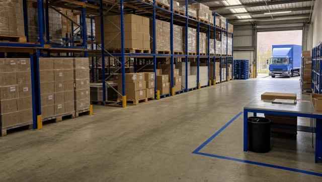 A UK warehouse shows organised stock zones for batch tracking beside a loading bay.