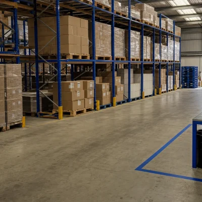 A UK warehouse shows organised stock zones for batch tracking beside a loading bay.