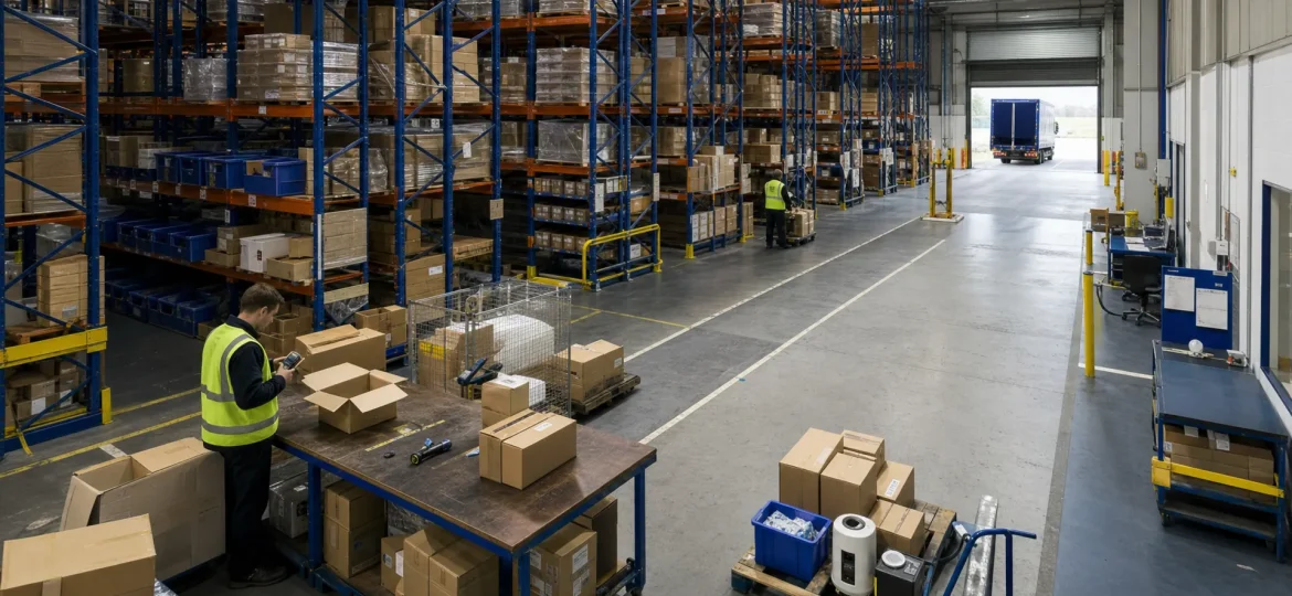 A UK warehouse shows serial-controlled storage bays and a picking lane for tracked stock.