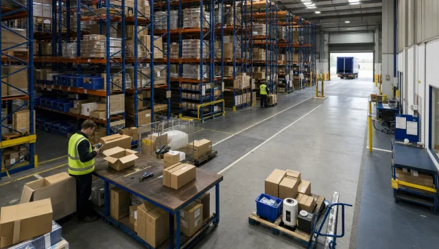 A UK warehouse shows serial-controlled storage bays and a picking lane for tracked stock.