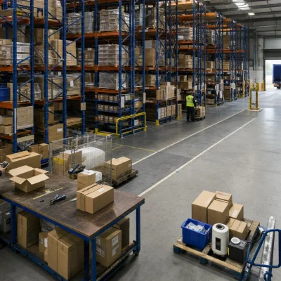 A UK warehouse shows serial-controlled storage bays and a picking lane for tracked stock.