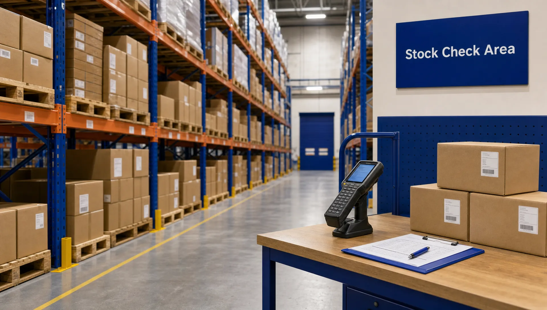 A warehouse aisle with plain boxes, pallet racking and a handheld scanner beside a clean stock check area.