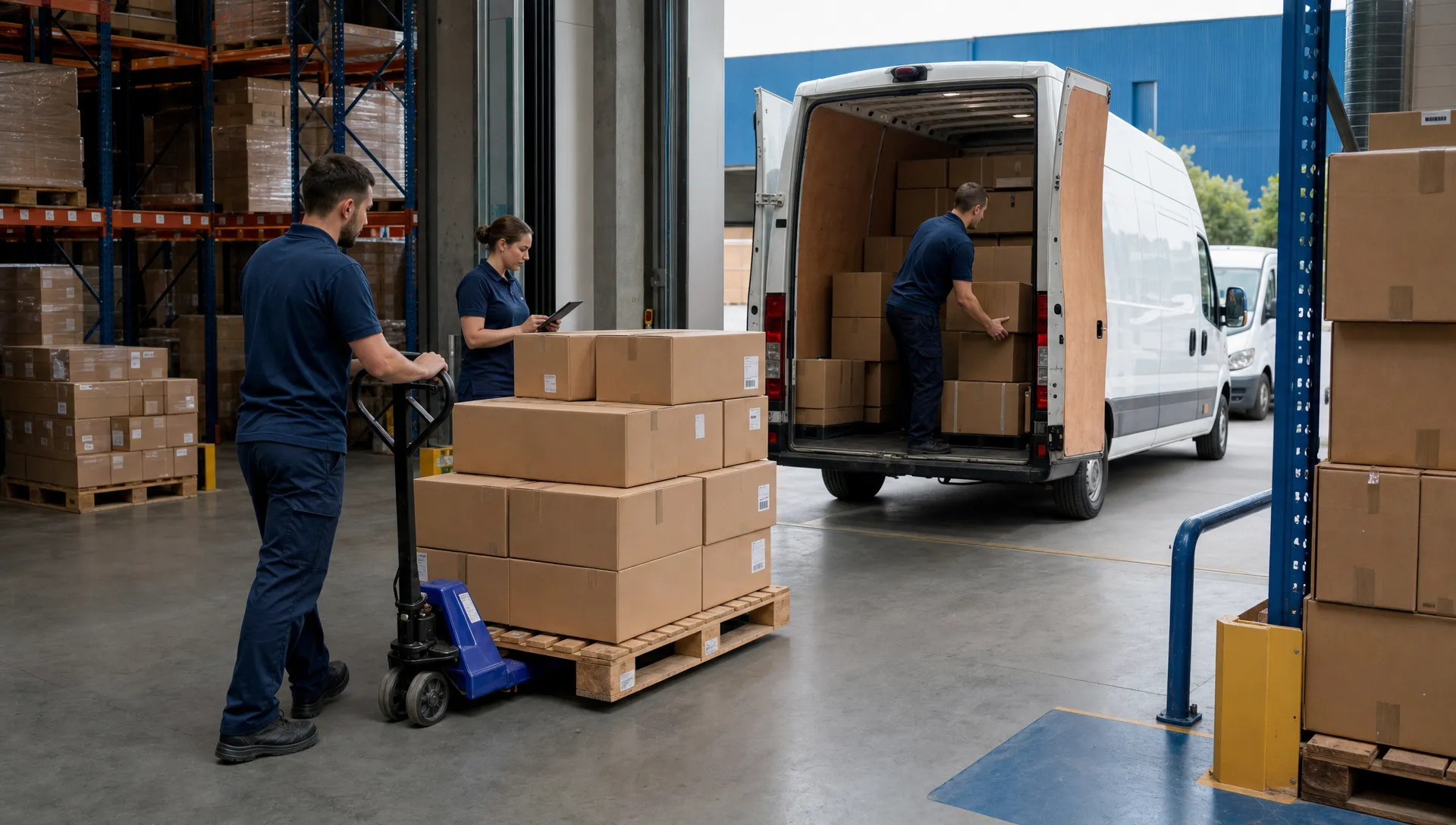 How to Reduce Shipping Costs Without Slowing Down Customer Deliveries 1 A warehouse loading area with plain parcels, unbranded staff and delivery vans shows how better fulfilment and transport planning cut shipping costs.