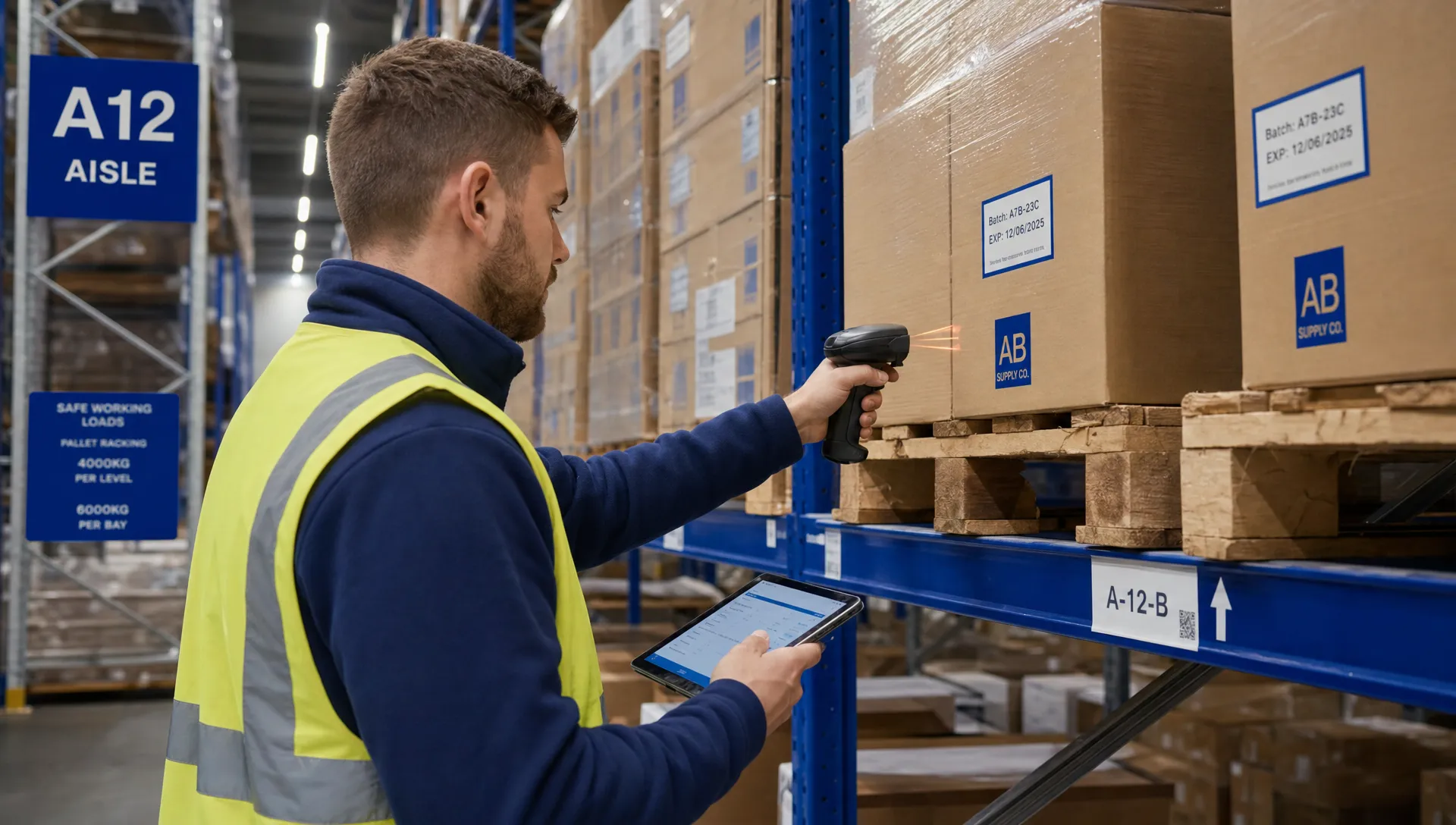 What Is Batch Tracking and Which Businesses Actually Need It? 1 A warehouse operative scans grouped cartons on racking while checking batch codes in a UK aisle.