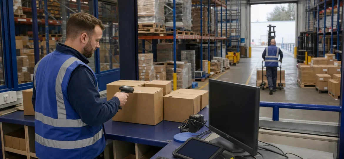 A warehouse operative scans stock beside a control desk, showing stock visibility in a UK logistics warehouse.