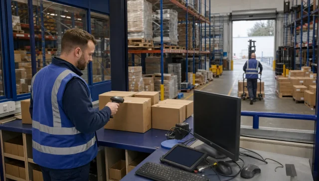 A warehouse operative scans stock beside a control desk, showing stock visibility in a UK logistics warehouse.