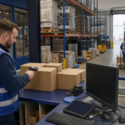 A warehouse operative scans stock beside a control desk, showing stock visibility in a UK logistics warehouse.