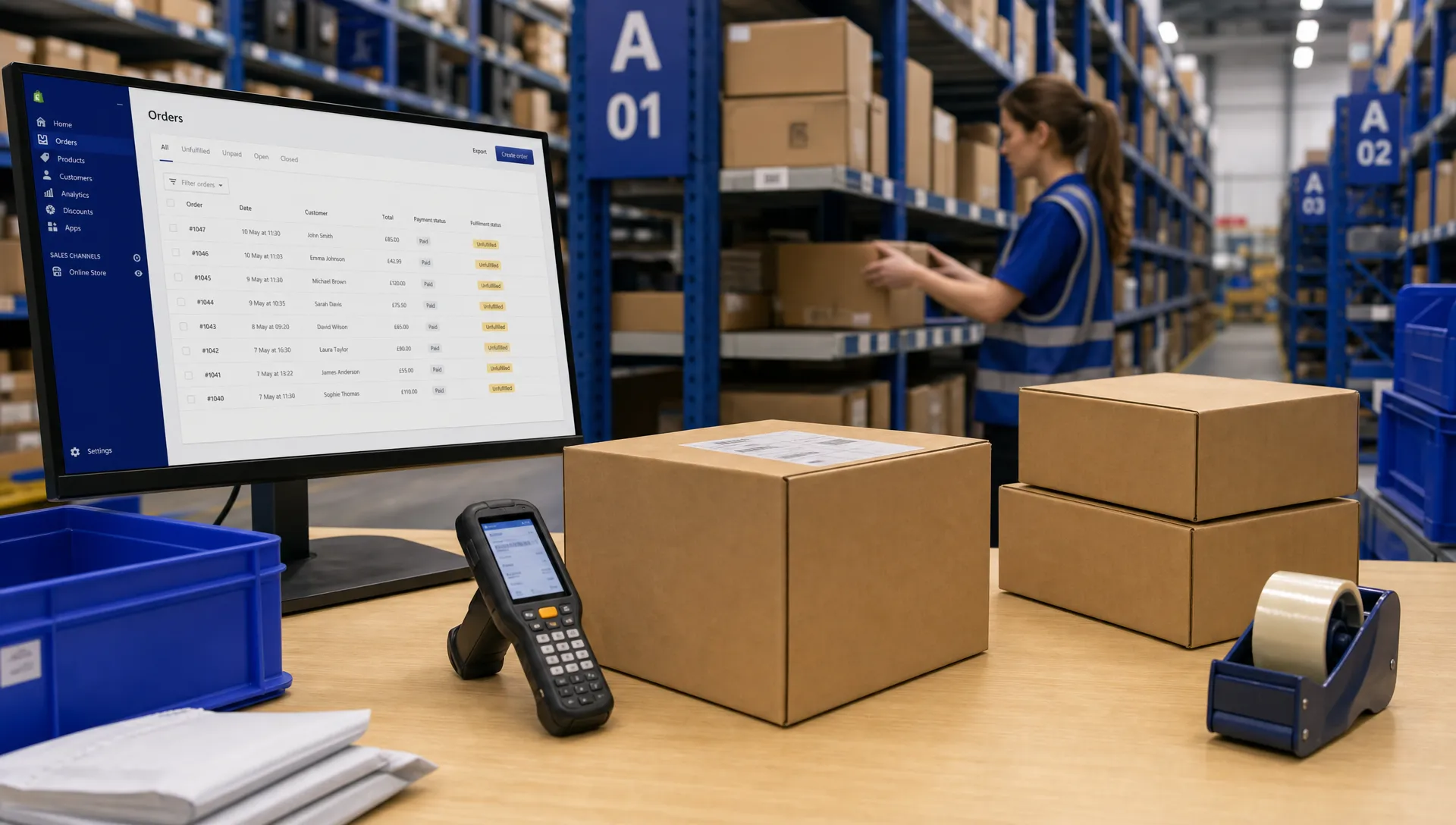 How Does Shopify Fulfilment Work When You Use a 3PL? 1 A warehouse packing area shows plain parcels, storage bays and handheld scanners in the Shopify fulfilment workflow.