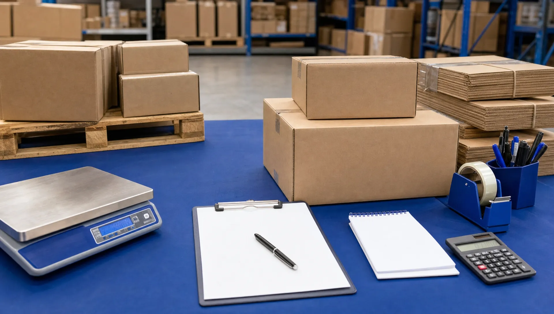 What Information Does a 3PL Need Before They Can Quote for Fulfilment? 1 A warehouse packing area with plain boxes, pallets and blank paperwork shows the details needed for a fulfilment quote.